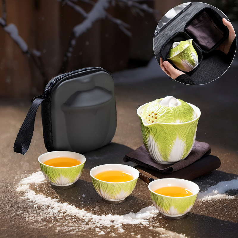 Bộ trà du lịch bắp cải sáng tạo Baicai Nafu Bộ ba cốc gốm sứ cốc khách nhanh ngoài trời sáng tạo xách tay
