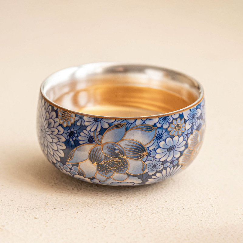 Cốc thiền mạ bạc 999 hoa nở, cốc trà cao cấp sang trọng nhẹ nhàng, cốc chủ nhân, cốc trà gốm sứ, hộp quà