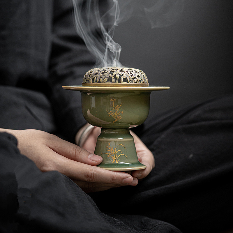 Lò hương nắp đồng Sijunyue Lò hương Long Tuyền Celadon trầm hương Bảng hương Trang trí bếp gốm cổ