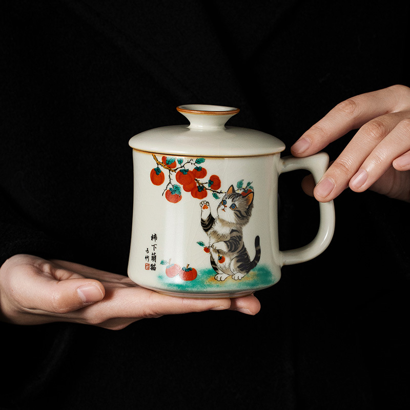 Cốc trà gốm sứ mèo dễ thương dưới hồng Ru Kiln cốc cốc nước có nắp cốc gia dụng