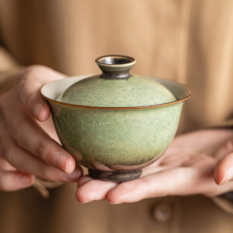 Bát pha trà gốm sứ lò nung, bầu trời đầy sao xanh, bát có nắp đậy, cốc trà, bộ trà kung fu cổ điển làm bằng tay, đơn không nóng