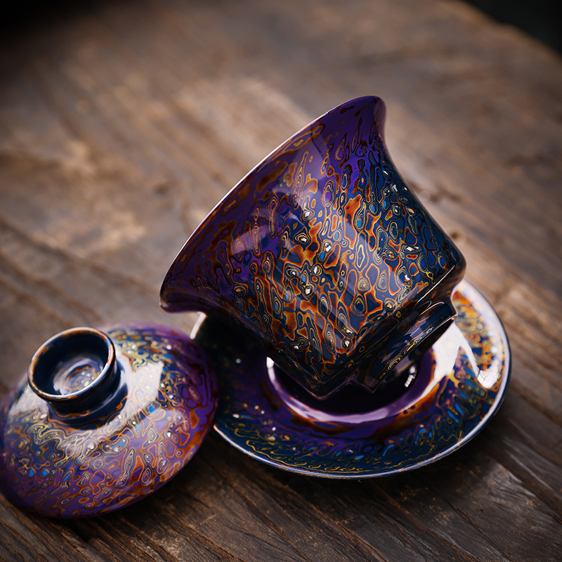 Gaiwan sơn mài lớn Sancai gradient gốm sứ sơn mài bộ trà thủ công tách trà Trung Quốc quà tặng cao cấp đặc biệt kho báu màu đỏ.