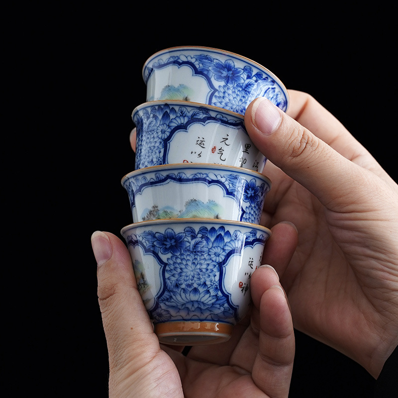 Cốc trà phong cảnh cửa sổ mở màu xanh và trắng, bộ trà Kung Fu chuyên dụng cá nhân cao cấp, cốc trà gốm sứ, cốc uống trà, cốc đơn