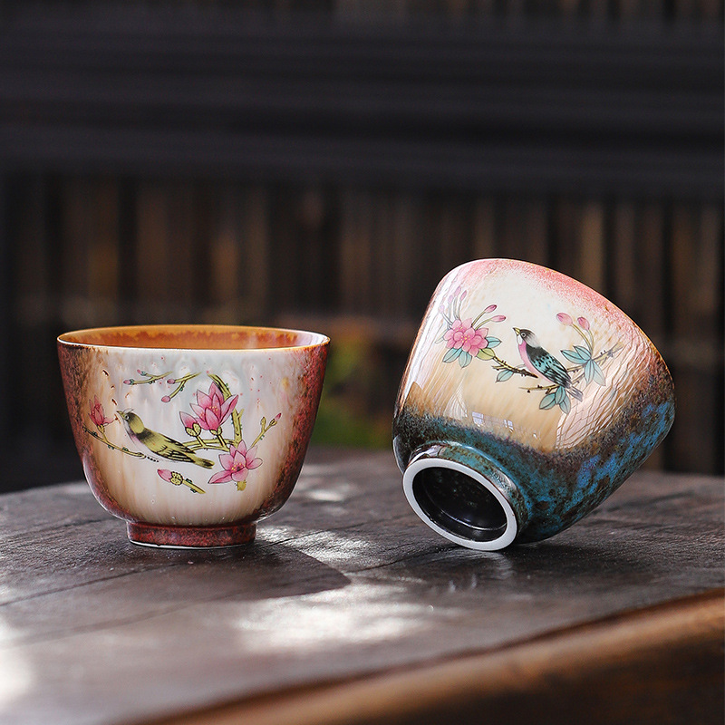 Gốm sứ Jingdezhen làm bằng tay men màu vẽ tay hoa hồng và chim cốc trà chủ nhân cốc Bộ trà Kung Fu