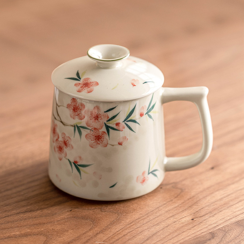 Cốc hoa đào vẽ tay Phong cách Trung Quốc cốc nước gốm sứ có nắp cốc Trà nữ giá trị cao tách trà Cốc văn phòng