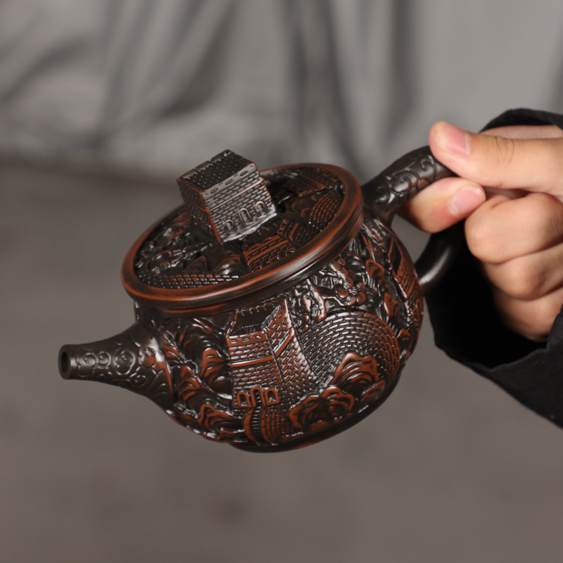 Ấm trà gốm tím Jianshui được chạm khắc thủ công hoàn toàn Vạn Lý Trường Thành