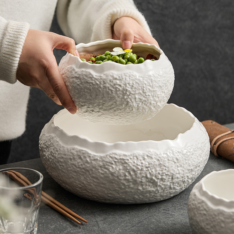 Bát gốm hoa văn đá Bát canh gia dụng Bát mì Bộ đồ ăn khách sạn cao cấp Bát sáng tạo Bát salad trái cây hình trống