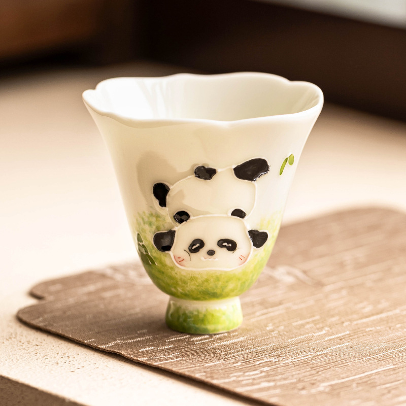 Chén trà gốm sứ, chén vẽ tay, chén chạm khắc hình kim cương gấu trúc, cốc chủ nhân cá nhân cao cấp, tách trà, tách trà
