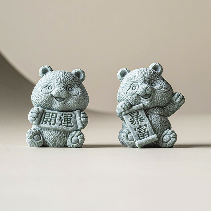 Đá sa thạch xanh phong cách Trung Hoa gấu trúc để bàn trang trí tài lộc may mắn sáng tạo nhà phòng khách khay trà trang trí thủ công