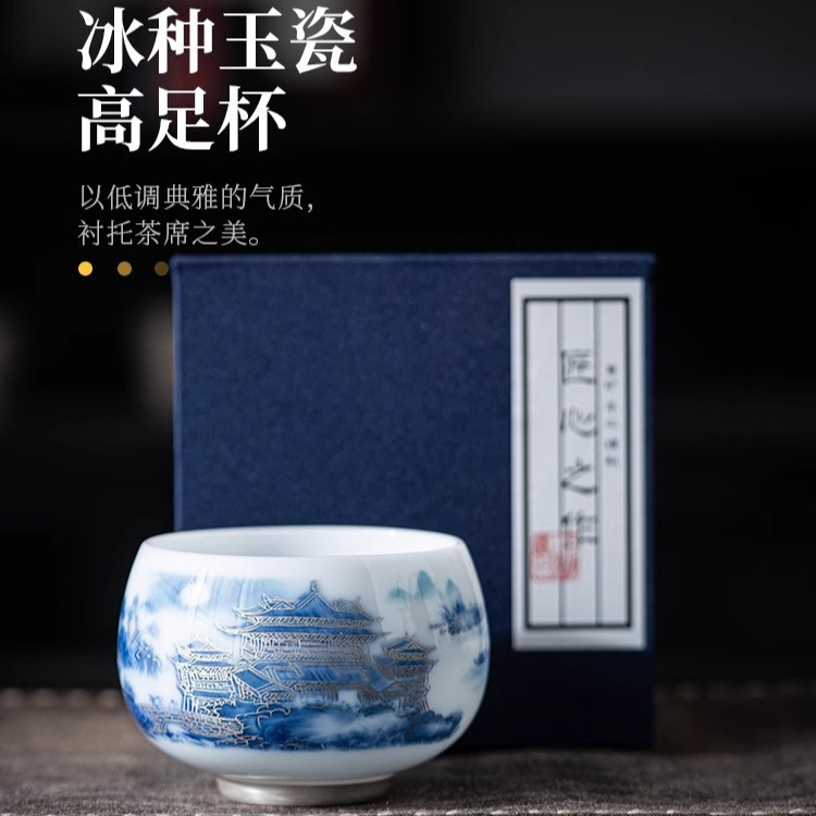 Cốc chủ nhân bằng sứ mạ bạc chạm nổi bằng đá Deding cốc trà gốm sứ cao cấp chuyên dụng cá nhân tách trà hộp quà chén trà