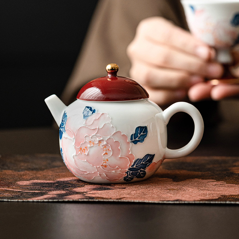 Ấm trà hoa mẫu đơn sơn vàng vẽ tay ấm trà đơn dụng cụ trà gốm sứ cao cấp gia dụng cỡ nhỏ ấm trà trà Kung Fu