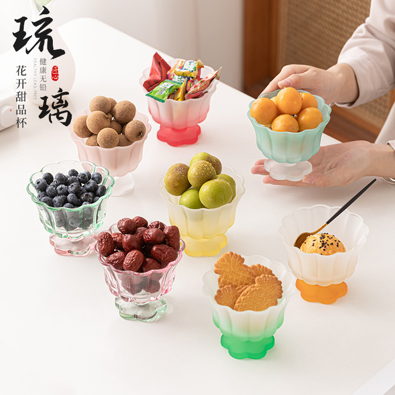 Cốc tráng miệng hoa thủy tinh cốc giải khát cốc nước trong suốt gia dụng sáng tạo cốc trà hoa quả cốc uống nước phụ kiện bộ trà