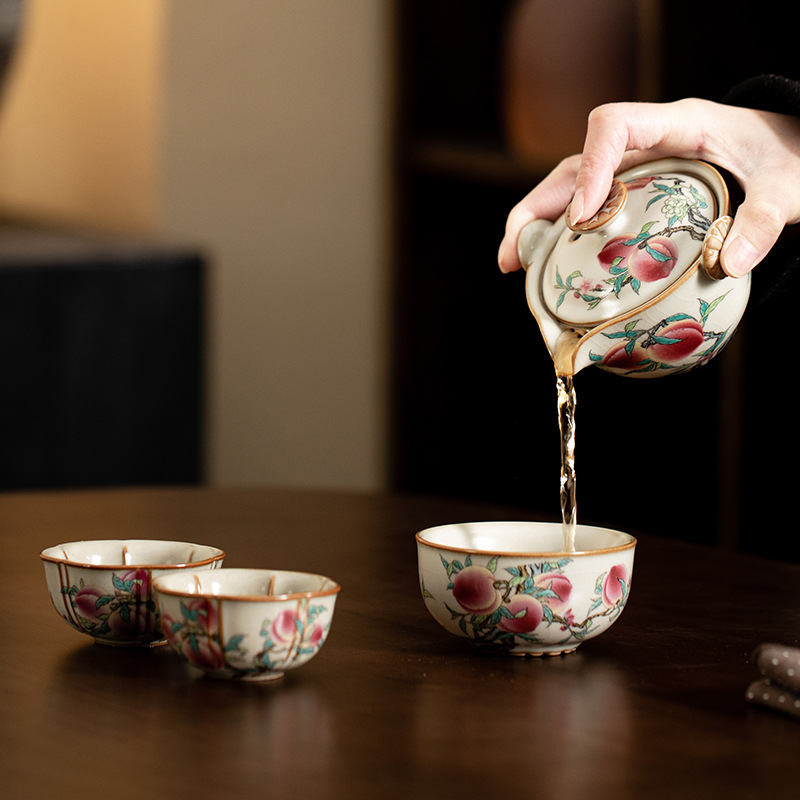 Bộ trà du lịch Song Ru Kiln Shou Tao Một ấm ba cốc cầm tay cốc nhanh Bộ trà di động ngoài trời