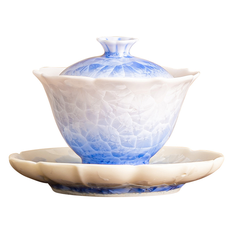 Bát nắp miệng hướng dương xanh tráng men pha lê cốc trà bát pha trà gốm sứ tam tài cao cấp có nắp bộ trà kungfu chống bỏng đơn