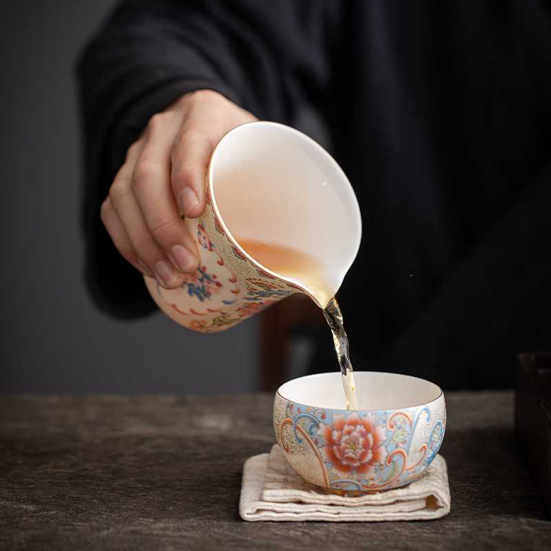 Bộ ấm trà Kung Fu bạc chạm khắc thủ công, bát pha trà màu men phong cách thủy triều quốc gia, bộ quà tặng trọn bộ