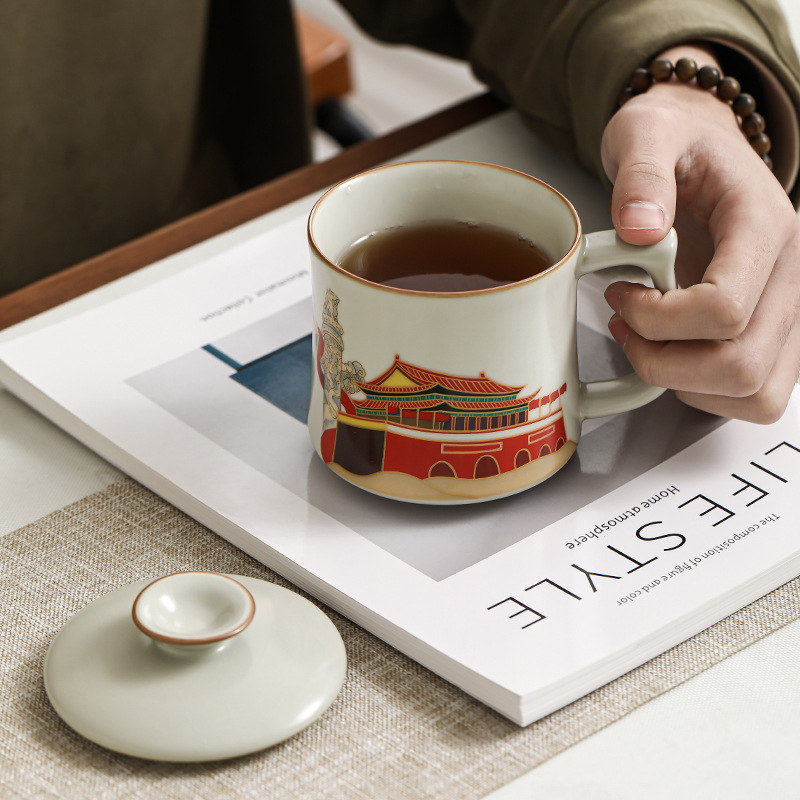 Ru Yaoyan Song Zhonghua Thịnh vượng Pha trà Cốc nước Cốc nước Đá gốm sứ Cốc gia dụng văn phòng Cốc trà có nắp