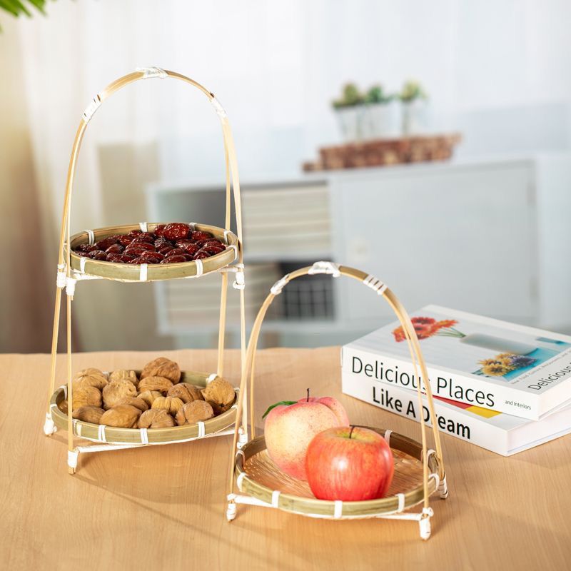 Giỏ đan bằng tre, khay trái cây đan tay, kệ trưng bày nhiều lớp, đựng đồ giải khát, bánh ngọt, giỏ trái cây, giỏ tre, đồ trang trí sáng tạo