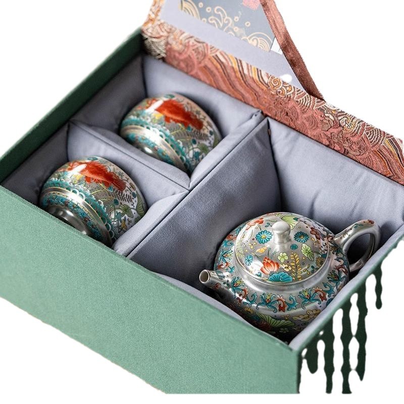 Zhou Hongjie làm thủ công mạ bạc hoa văn cá tảo ấm trà Hàn Quốc dụng cụ pha trà gia dụng cao cấp ấm trà công phu sang trọng ấm trà