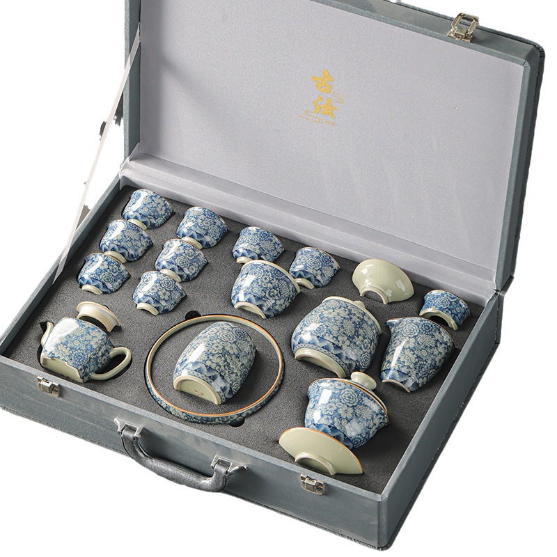 Bộ dụng cụ pha trà Kung Fu xanh trắng đất sét cũ Ấm pha trà gốm sứ phòng khách gia dụng cốc trà Hộp quà tặng cao cấp