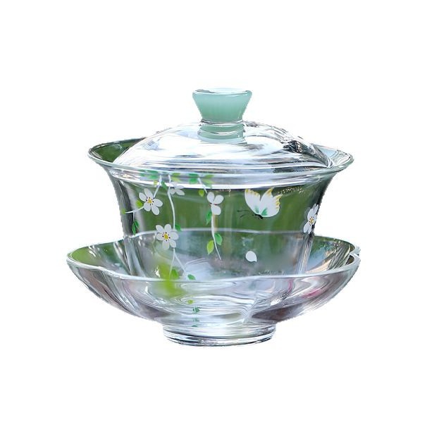 Lễ hội hoa thủy tinh chịu nhiệt borosilicate cao ba mảnh có nắp bát trà xanh bát trà nhỏ tươi bộ trà kung fu bát trà có khay đế
