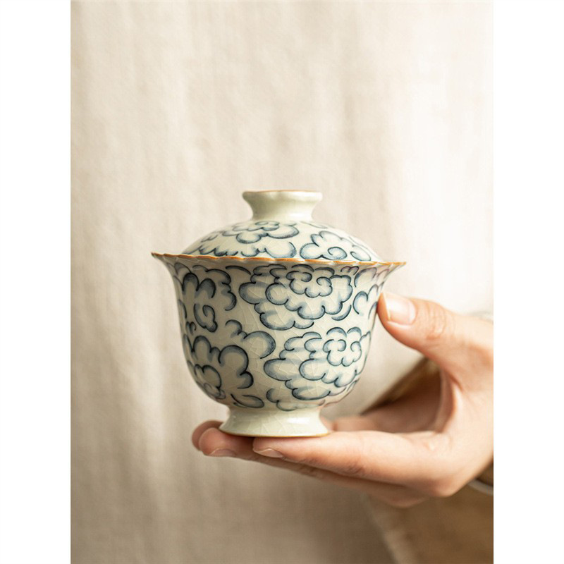 Lò Ru màu vàng vàng Xiangyun Ercai Bát có nắp Bộ trà Kung Fu gia dụng bằng gốm sứ đơn để pha trà và mở bát trà sứ Ru