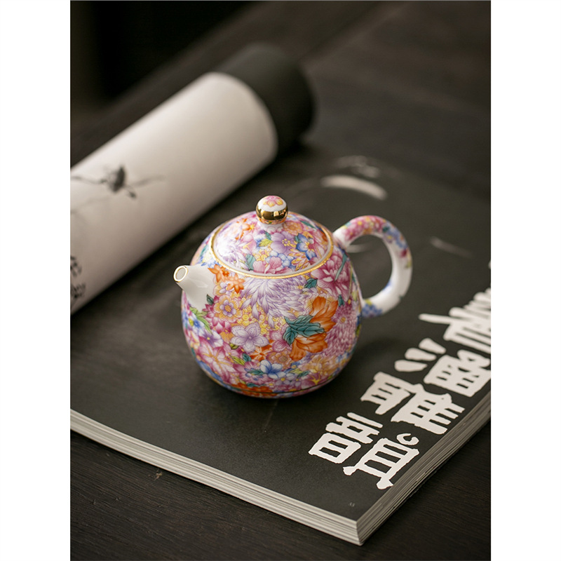 Ấm trà nhỏ tráng men ấm trà đơn ấm trà vạn hoa tươi mát dụng cụ trà Kung Fu đơn ấm trà gốm sứ gia dụng ấm tay cầm