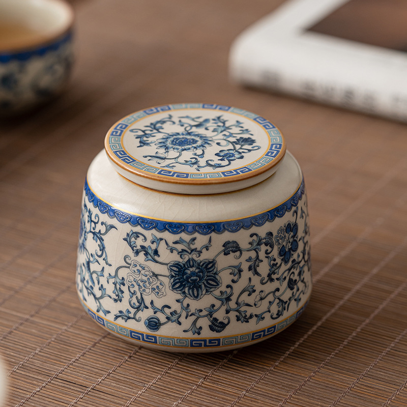 Hộp trà gốm sứ lò Ruhua màu xanh và trắng, hộp kín, hộp đựng trà thông dụng, trà đen trà xanh gia dụng Pu'er