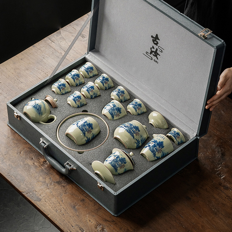 Bộ trà Kung Fu trọn bộ men nứt đá phong cách Trung Quốc retro lò Ru văn phòng họp khách gia dụng hộp quà kết hợp pha trà