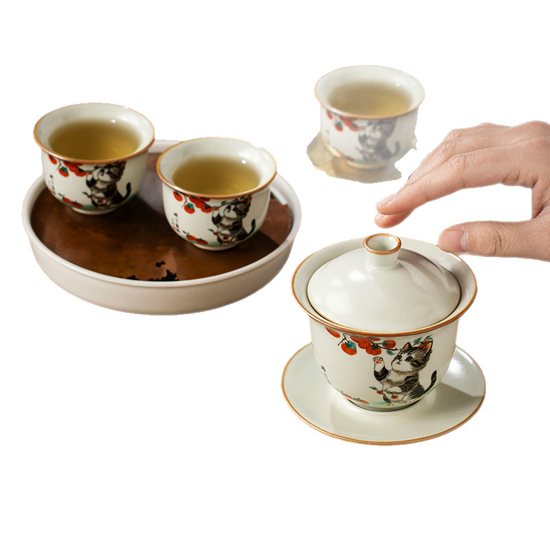 Bộ ấm chén trà cao cấp chống nóng, có nắp, họa tiết mèo dễ thương ba tài, kiểu dáng Ru Kiln Persimmon.