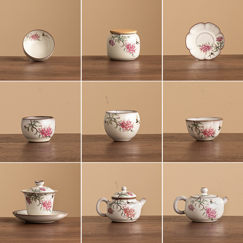 Bộ ấm chén trà Ruyao Kung Fu, thạch mỡ heo, hoa mẫu đơn, bát sứ Ru có nắp, tách trà, ấm trà, tách trà, đế lót ly, hộp đựng trà