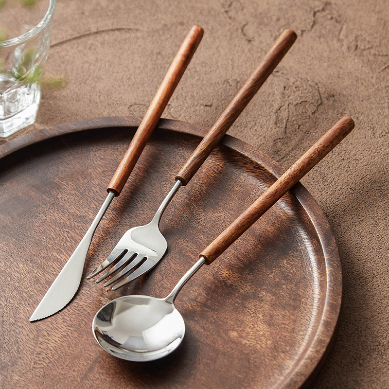 Bộ đồ ăn phương Tây tay cầm bằng gỗ hoa lê, dao, nĩa và thìa ba miếng, inox 304 thương mại, thìa tráng miệng bít tết