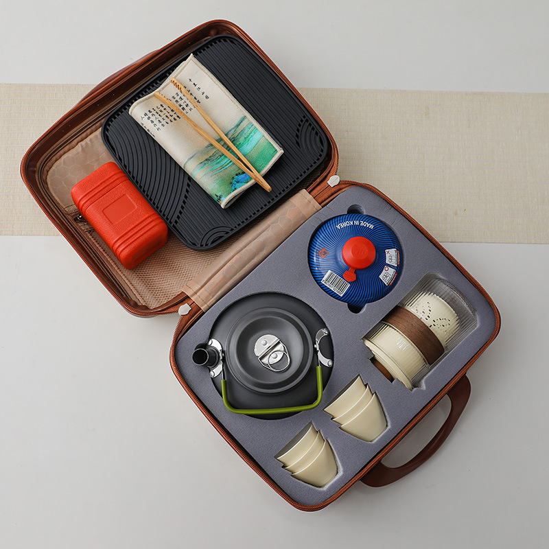 Bộ dụng cụ pha trà du lịch nước đun nước ngoài trời, túi đựng đồ cầm tay cắm trại trên xe có bếp kẹp, dụng cụ pha trà Kung Fu pha trà