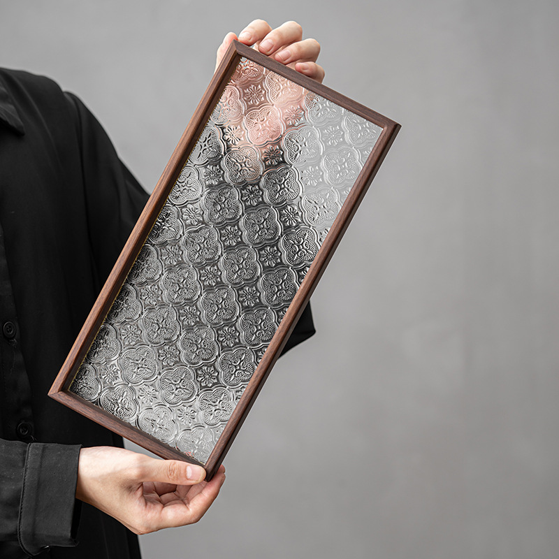 Khay đựng thủy tinh hoa Thu hải đường cổ điển khay đựng trà nhỏ bằng gỗ óc chó hình chữ nhật gia dụng khay đựng cốc đựng hoa quả