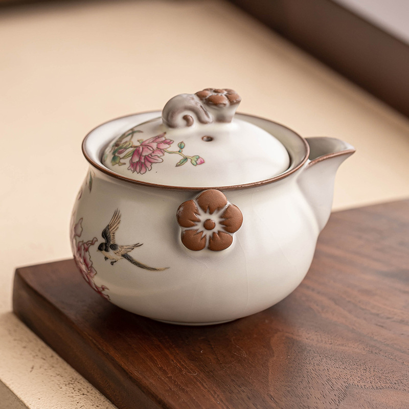 Ấm trà Ru Kiln ấm cầm tay có nắp đậy ấm pha trà hoa mẫu đơn đông lạnh mỡ lợn, bát trà gia dụng chống bỏng cao cấp có nắp