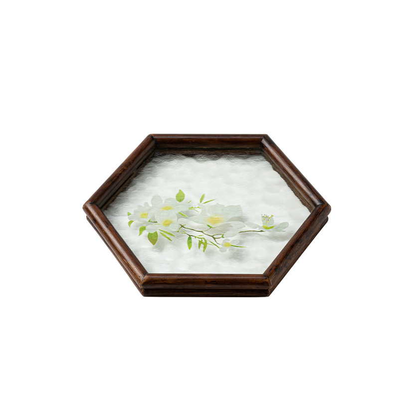 Ấm hình lục giác thủy tinh vân nước bàn trà thủy tinh gỗ óc chó gia dụng bàn trà nhỏ kiểu Nhật tấm lót cốc bàn pha khô