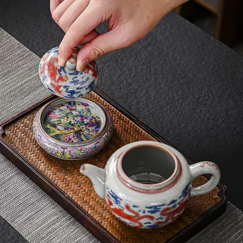 Nắp cổ tráng men gốm sứ thủy triều cốc trà phong cách quốc gia đệm cách nhiệt phụ kiện trà đạo sứ trắng xanh sang trọng nhẹ bán buôn