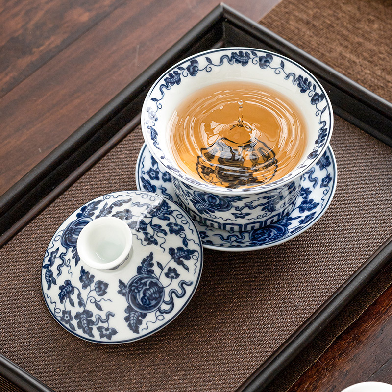 Bát có nắp gốm trắng xanh Bộ trà Kung Fu màu xanh lá cây bóng lớn đơn bát pha trà cổ điển cốc trà tôn trọng bát ba tài chống bỏng