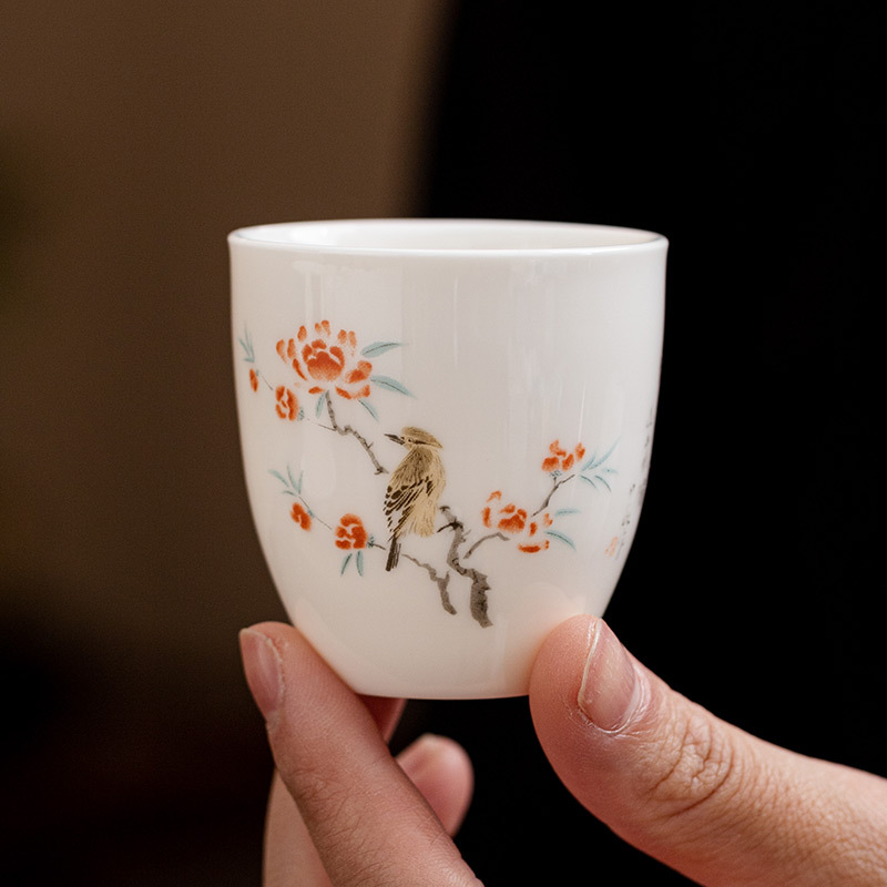 Cốc Trà Ngọc Bích, hoa và chim, cốc chủ nhân, cốc trà gốm sứ kiểu Trung Quốc, bộ dụng cụ trà Kung Fu, cốc trà sứ trắng