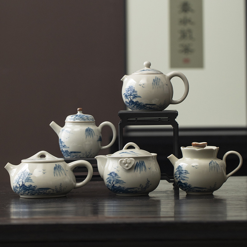 Ấm trà vẽ tay tráng men với phong cảnh tro gỗ, ấm đơn có lỗ lọc bóng, bộ trà kung fu gia dụng cao cấp để pha trà.
