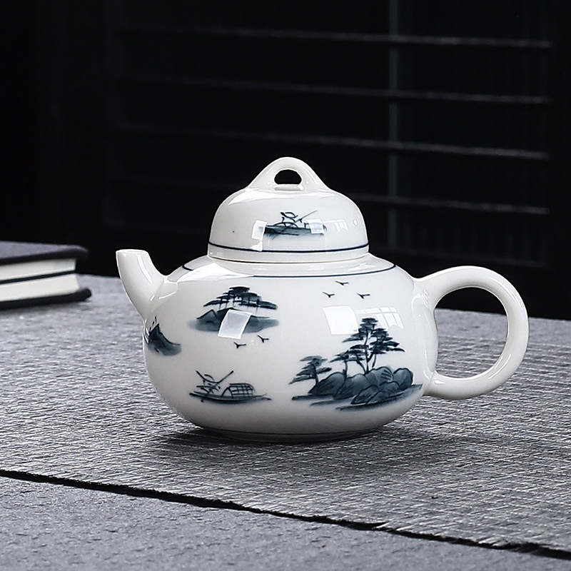 Ấm trà vẽ tay tráng men màu xám thực vật phong cảnh dung tích nhỏ ấm đơn dụng cụ pha trà gốm sứ cao cấp gia dụng