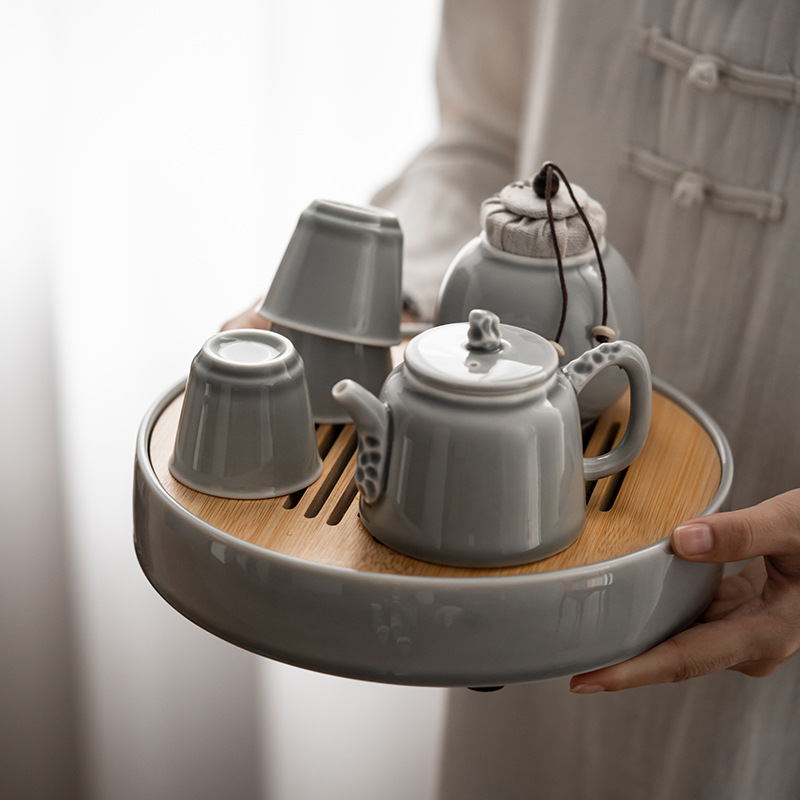 Khay bong bóng khô tròn màu xám đá bồ hóng kiểu Nhật, khay trà kiểu trữ nước bằng gốm, Khay trà bàn trà thoát nước cỡ nhỏ