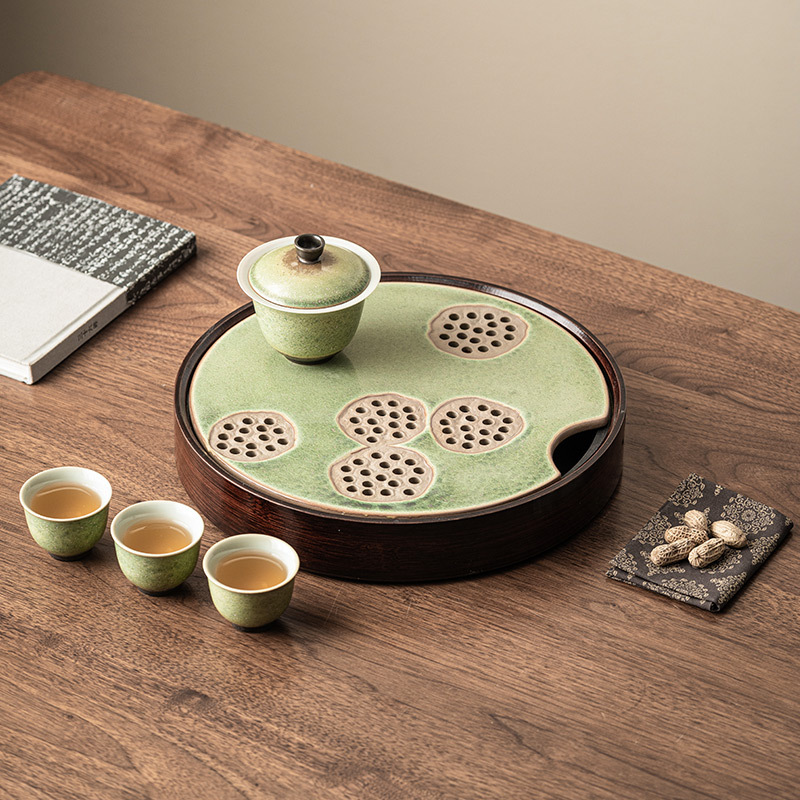 Khay trà cổ điển lò nung khay tròn gia dụng dụng dụng cụ trà Kung Fu kiểu Trung Quốc khay đựng nước khay pha khô gốm sứ bàn trà loại nhỏ