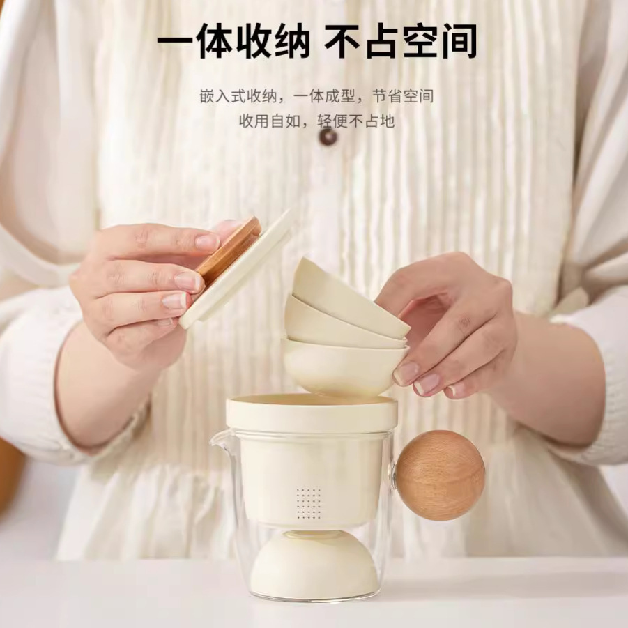 Ấm trà di động cắm trại nhanh ngoài trời, bộ kem du lịch thủy tinh, bộ đồ trà bốn cốc gốm sứ, một ấm trà phong cách, cốc khách