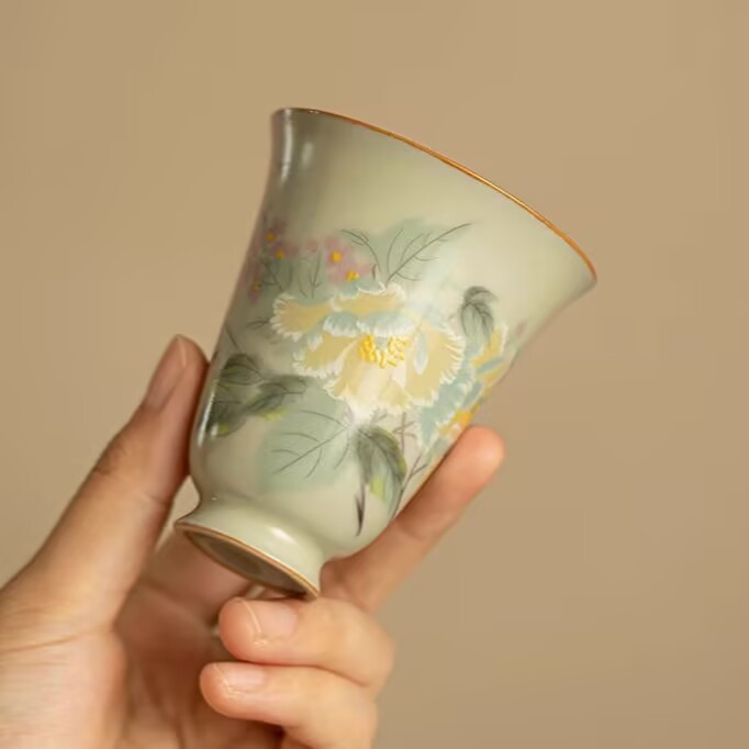 Màu vàng bí mật lò Ru hoa và chim hình ảnh bình trà cốc chủ nhân tách trà cốc gốm sứ chuông gió bộ trà Kung Fu Trung Quốc phong cách retro