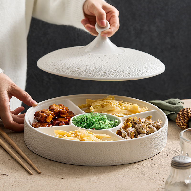 Khay đựng nước muối có khay chia ngăn, bằng gốm, dành cho khách sạn và nhà hàng, sử dụng thương mại, khay đựng trái cây năm ngăn, đồ ăn nhẹ và trái cây sấy khô, bộ đồ ăn sáng tạo, thiết kế đơn giản.