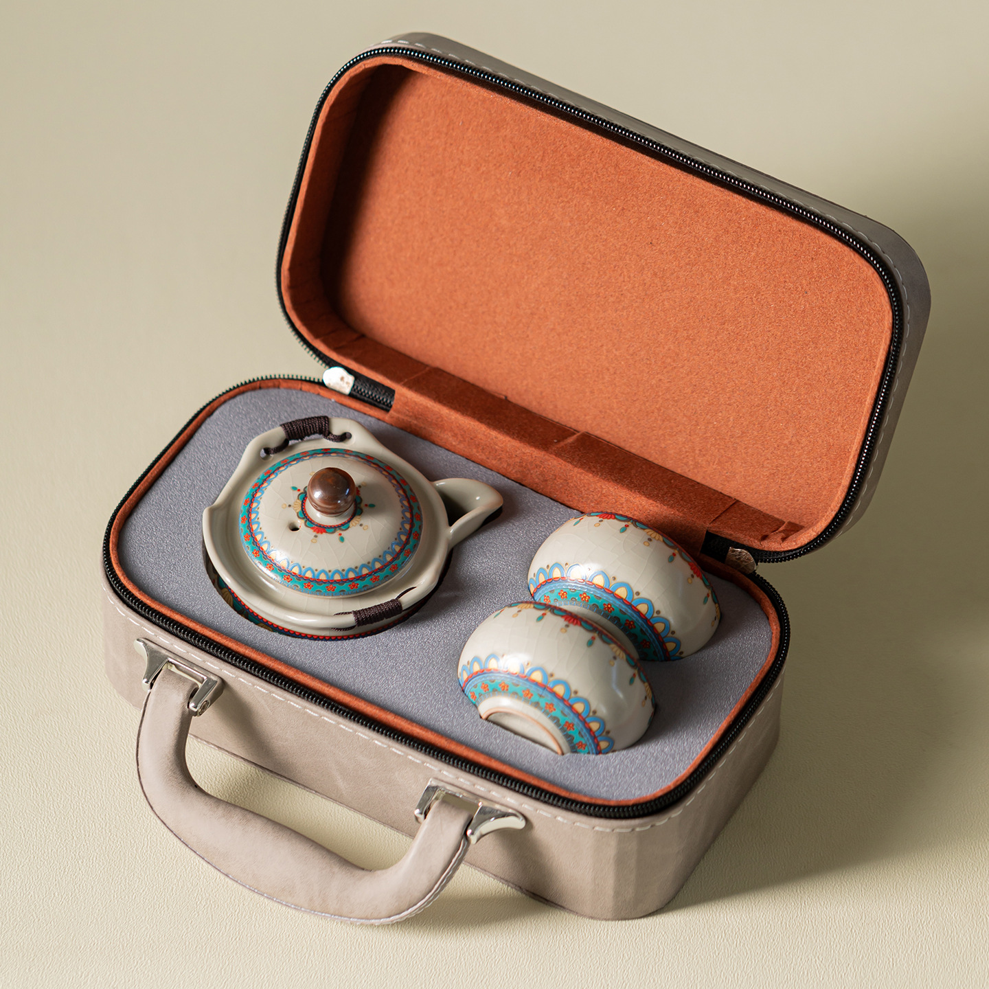 Ru Kiln Đôn Hoàng Ruyi Bộ trà du lịch một ấm hai cốc gốm cầm tay ấm trà ngoài trời pha trà cầm tay quà tặng