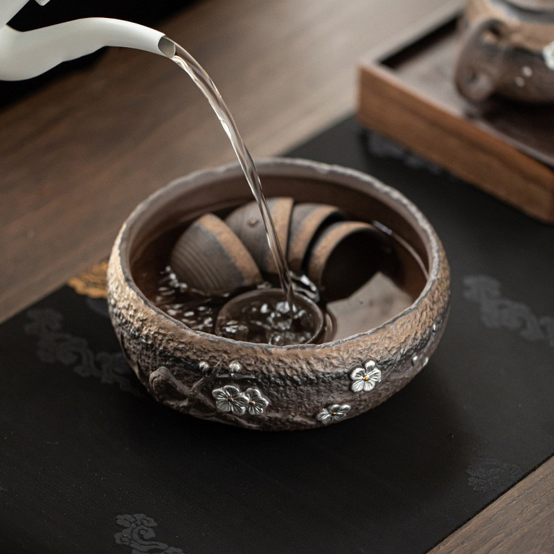 Chậu rửa trà gốm thô, chậu đựng nước cực lớn, dụng cụ rửa trà kungfu gia dụng, bình đựng trà cổ điển kiểu Trung Quốc bán buôn