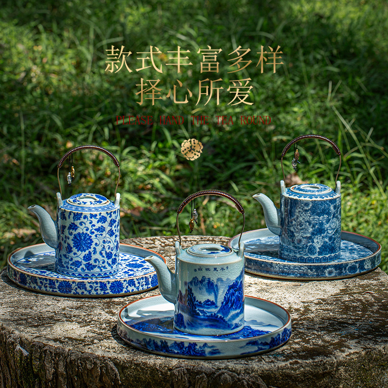 Bộ ấm chén trà gốm sứ cổ điển, men nứt, dung tích lớn, dùng cho gia đình, đựng nước lạnh.