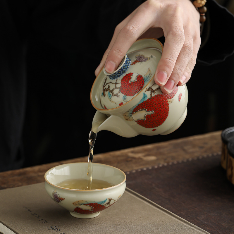 Bình cầm tay vải thiều để pha trà, bát có nắp, cốc trà, bát trà cao cấp đơn, bộ trà Kung Fu, ấm trà nữ uống một người, gia dụng