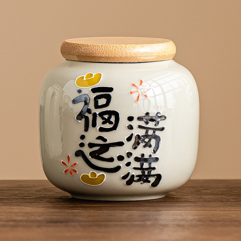 Chậu trà đầy may mắn chạm khắc vẽ tay, bình trà gốm sứ nhỏ, bình rỗng, bình chống ẩm kín gia dụng, bình bảo quản